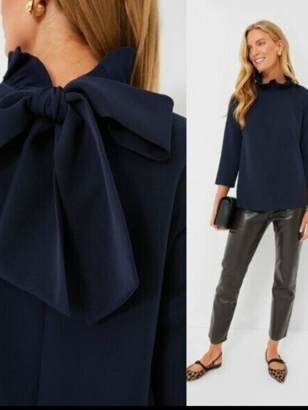 Pomander Place by Tuckernuck Faye Blouse Sz XL Navy Blue Swing Top Ruffle Collar